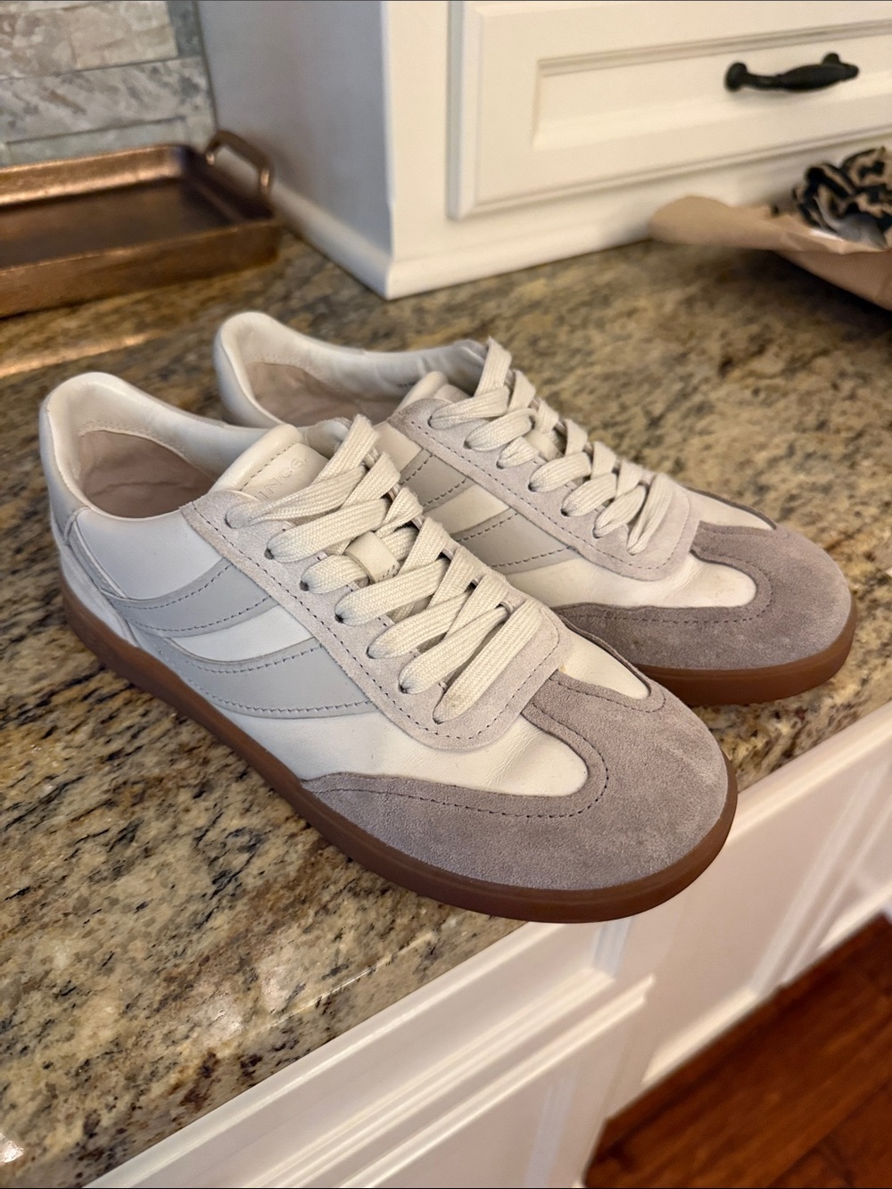 Vince Women’s Low-Top Sneakers in White and Gray with Gum Sole